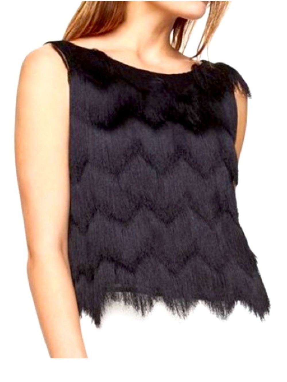 BCBGMAXAZRIA Helina Black Fringe Sleeveless V Back Party Top Blouse Size Small